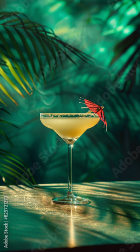 Beautiful, sleek cocktail, studio lighting, in a dark luxury green restaurant environment, purified, close shot photo