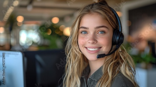 Happy smiling young woman call center agent wearing headset and white shirt in the office, customer service and support concept. photo