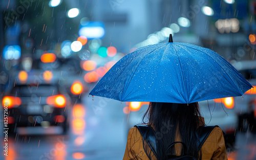 Person holding blue umbrella in city street at night with blurred lights and rain creating a reflective  atmospheric scene.