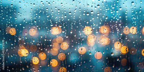 A close-up shot of raindrops on a window  with bokeh city lights blurred in the distance.