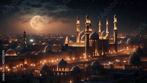 A panoramic view of Islamic mosque at night with a starry sky.