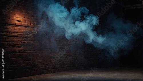  A brick wall with smoke coming out of it and a brick wall with a brick wall behind it. Empty dark background with smoke, abstract background with glowing lines.
 photo