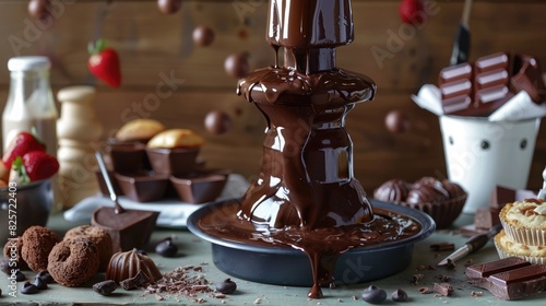 Wallpaper Mural A captivating portrayal of a decadent chocolate fondue fountain, with velvety melted chocolate cascading down in a mesmerizing flow, surrounded by an assortment of dippable treats. Torontodigital.ca