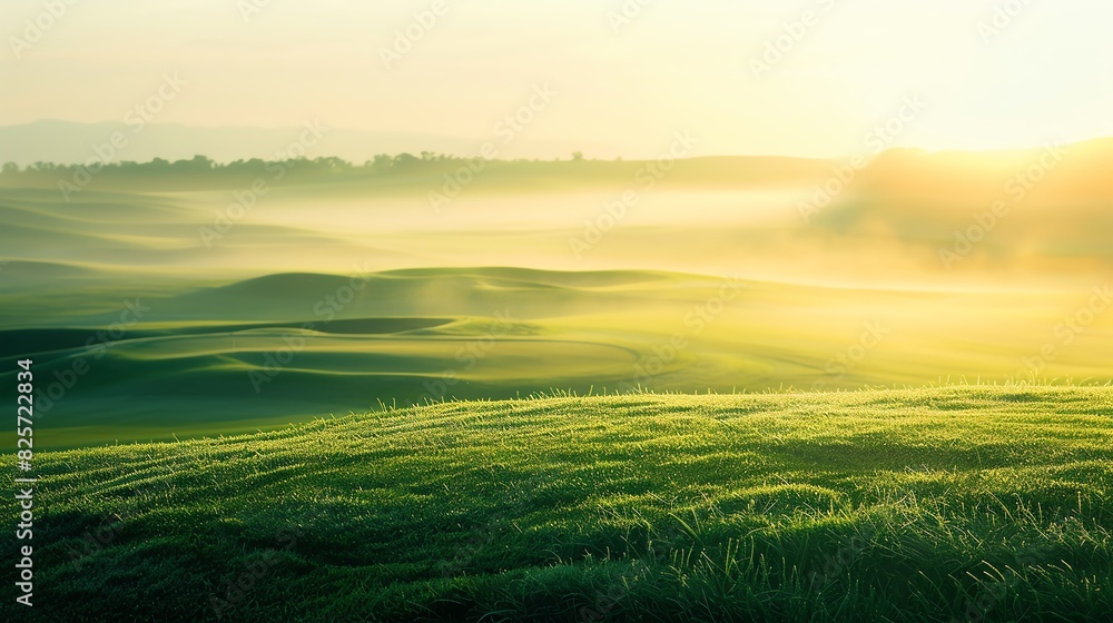 Obraz premium Golf course at sunrise close up, focus on, copy space warm tones, Double exposure silhouette with rolling greens
