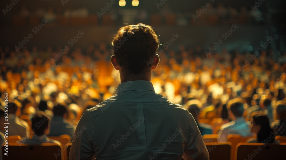 A speaker faces an attentive audience, A speaker faces an attentive audience,