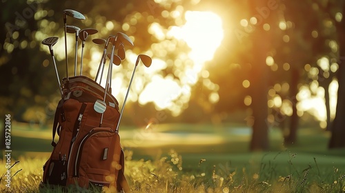 Golf bag with clubs close up, focus on, copy space rich tones, Double exposure silhouette with golf course backdrop photo