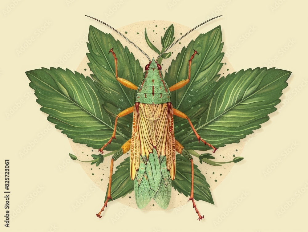 Fototapeta premium A stylized illustration of a large green insect surrounded by leaves. The insect has a long, thin body and large, intricate wings.