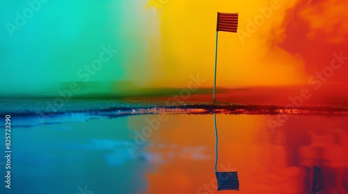 Putting green with flag close up, focus on, copy space vivid hues, Double exposure silhouette with hole in one photo