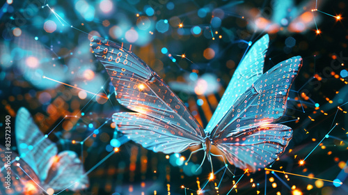 A swarm of digital butterflies, each with wings made of binary code, flitting across a network map. photo