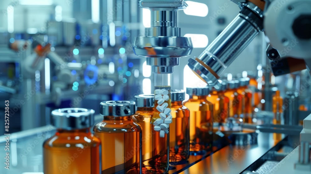 A close up of a pharmaceutical labs robotic system, accurately dispensing medication doses for research and production, surrounded by a hitech look concept A close up of a pharmaceutical labs robotic system, accurately dispensing medication doses for research and production, surrounded by a hitech look concept