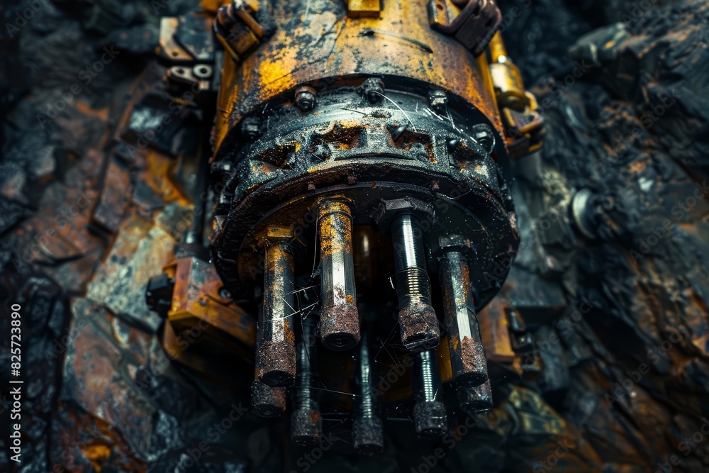 Fototapeta premium A close up of a powerful mining drill, capable of extracting valuable minerals deep underground, its operation highlighted by a cinematic look for dramatic effect