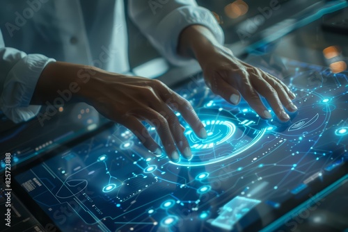 A close up of a public relations specialist crafting a strategic communication plan on a sleek touchscreen interface, with a hitech hologram concept enhancing the presentation