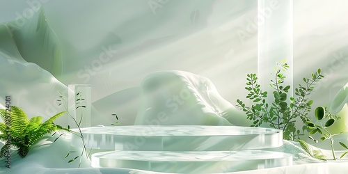 A Glass Podium with Natural Shapes and Soft Light, Modern Glass Podium. Stunning Illustration of a Glass Podium