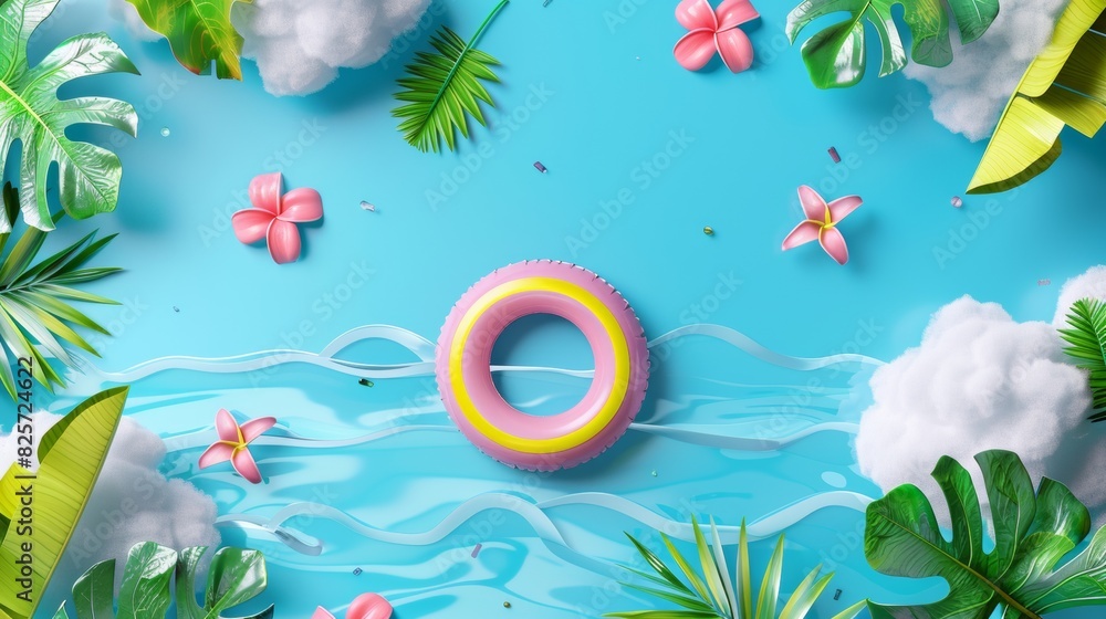 3d render of tropical summer background with swimming ring, clouds and palm leaves on blue sky top view