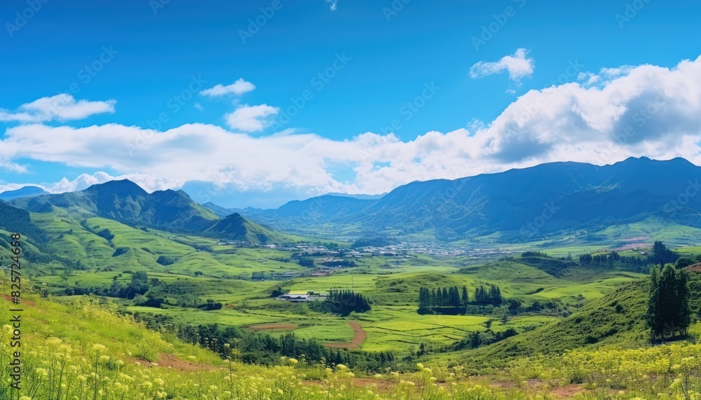 Fototapeta premium A stunning spring day landscaping views of fertile land surrounded beautiful green vegetation, wide stretches of hills and mountains with clear skies in spring