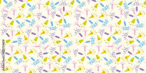 Seamless pattern confetti party popper, festive cotton button on white background.