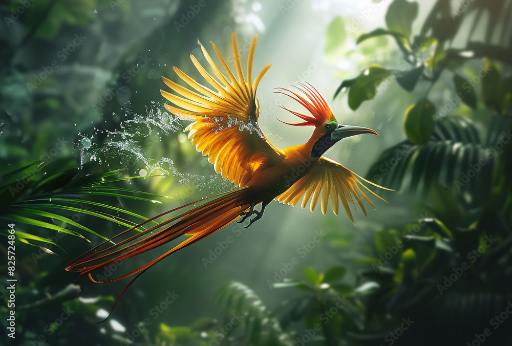 A stunning bird of paradise with vibrant plumage in mid-flight in a lush, green rainforest setting illuminated by sunlight. A stunning bird of paradise with vibrant plumage in mid-flight in a lush, green rainforest setting illuminated by sunlight.