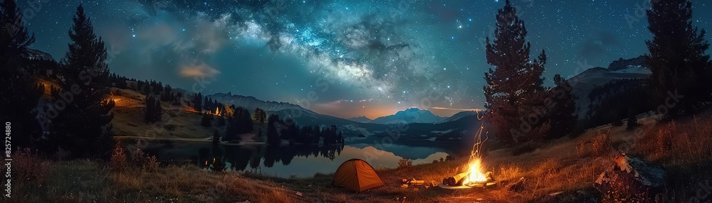 Starry night sky over a serene mountain lake with a glowing campfire and a tent. Perfect for outdoor adventure and camping themes.