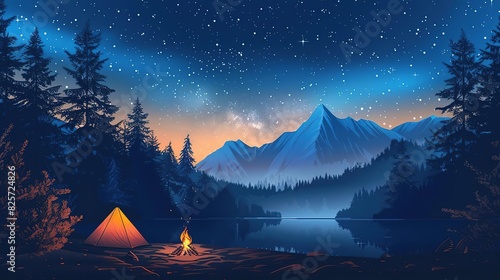 Starry night over a campfire beside a tent by the lake, with a mountain in the background and a serene forest setting.