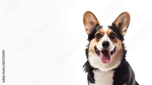 studio portrait of tri color brown black and white corgi dog standing and smiling with tongue sticking out against a white background : Generative AI © The Little Hut