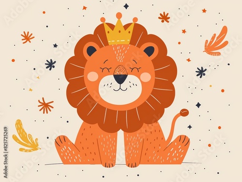 Cute cartoon lion wearing crown and sitting on beige background. photo