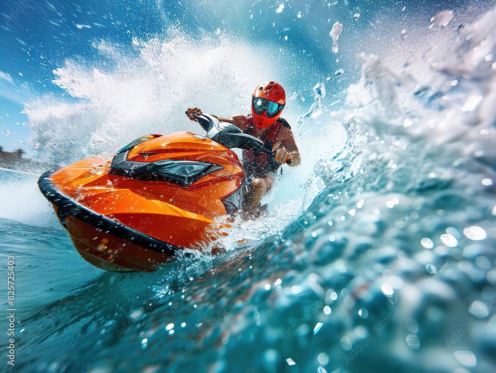 Exciting jetski ride on crystal clear blue waters with scenic mountainous backdrop, captured from behind the rider creating a dynamic water spray effect. Exciting jetski ride on crystal clear blue waters with scenic mountainous backdrop, captured from behind the rider creating a dynamic water spray effect.