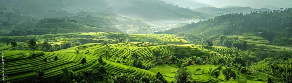 Fototapeta premium Vast and beautiful green hills fill the landscape dotted with long lush green trees