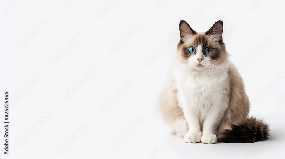 Pretty bicolor Ragdoll cat sitting up facing front Looking at camera with dark blue eyes Isolated on a white background : Generative AI Pretty bicolor Ragdoll cat sitting up facing front Looking at camera with dark blue eyes Isolated on a white background : Generative AI