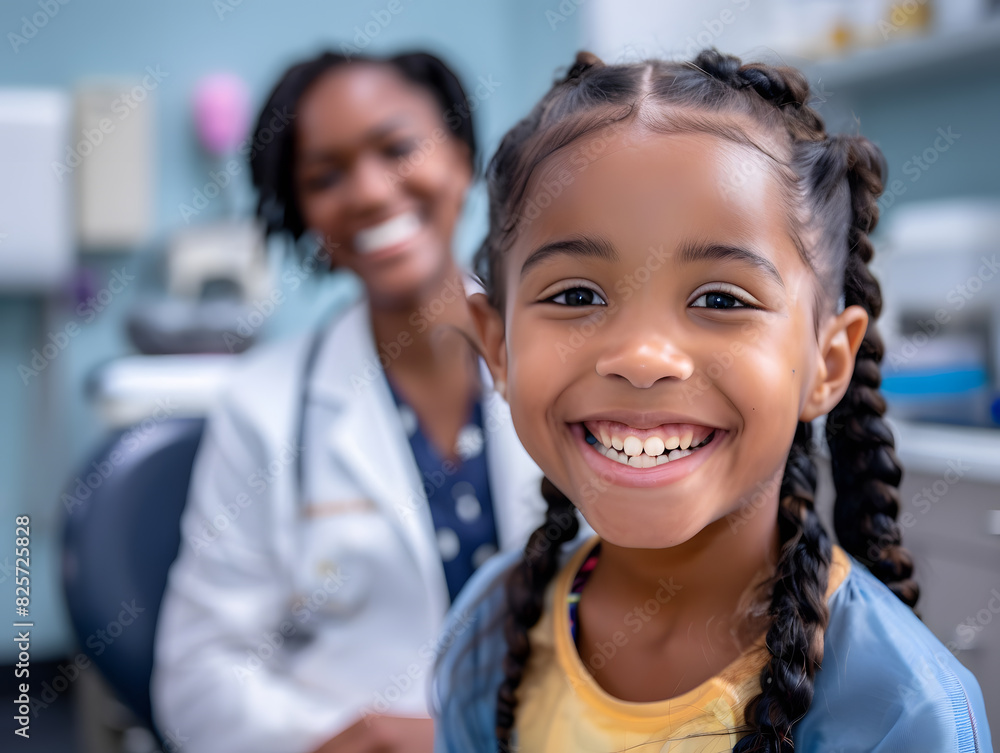 Obraz premium Doctor seated behind, young girl smiling at the camera in the foreground, during clinic or denral clinic visit.Healthcare professional check up, young patient girl smiling .