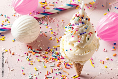 Birthday cake ice cream with sprinkles on a light pink background