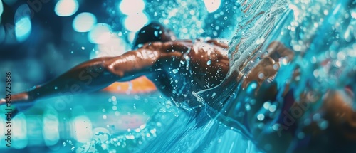 A closeup of a swimmer diving into the pool, water splashing, with the blurry swimming pool background, hitech HUD hologram, hitech concept, and sharpened with copy space photo