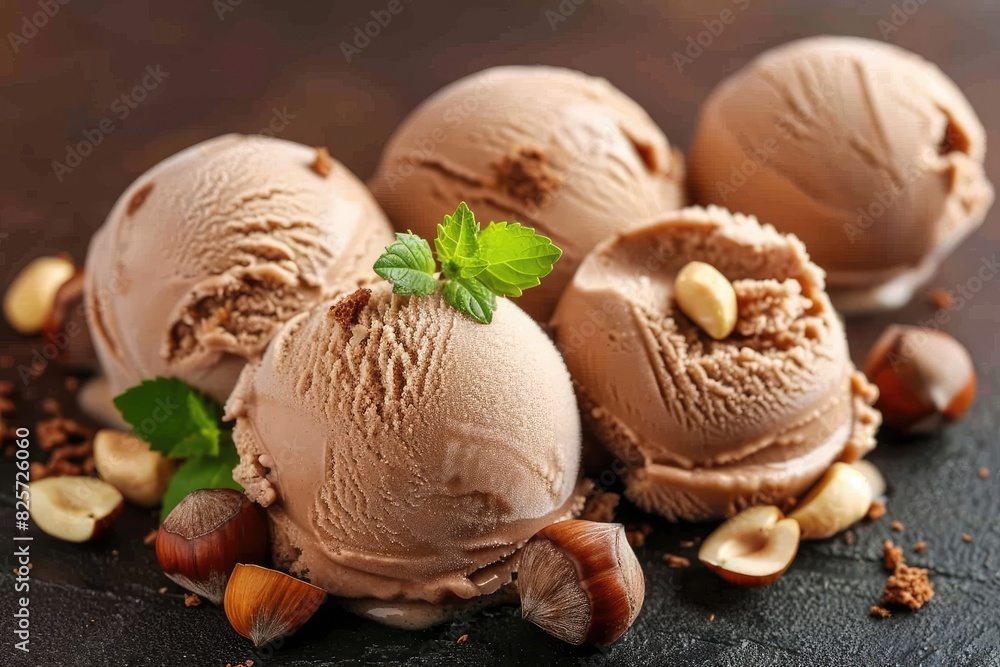 Nutella ice cream with hazelnut pieces on a dark brown background Nutella ice cream with hazelnut pieces on a dark brown background