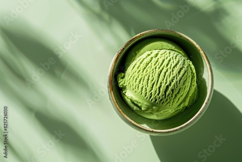 Matcha green tea ice cream in a cup on a light green background photo