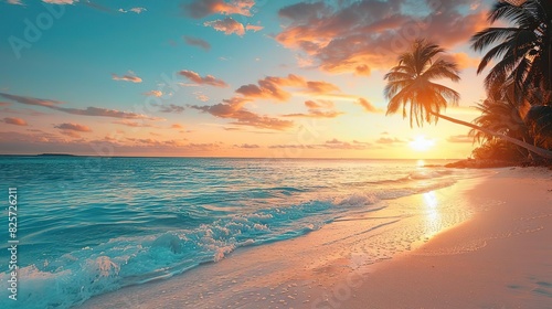 Beautiful tropical beach with palm trees at sunset, waves gently crashing on the shore, and a vibrant sky with colorful clouds and sun rays. photo