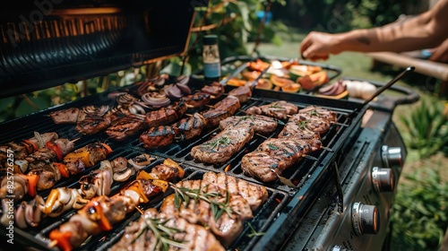 Grilling diverse meats and vegetables on a barbecue grill during an outdoor summer cookout in a lush garden setting. photo