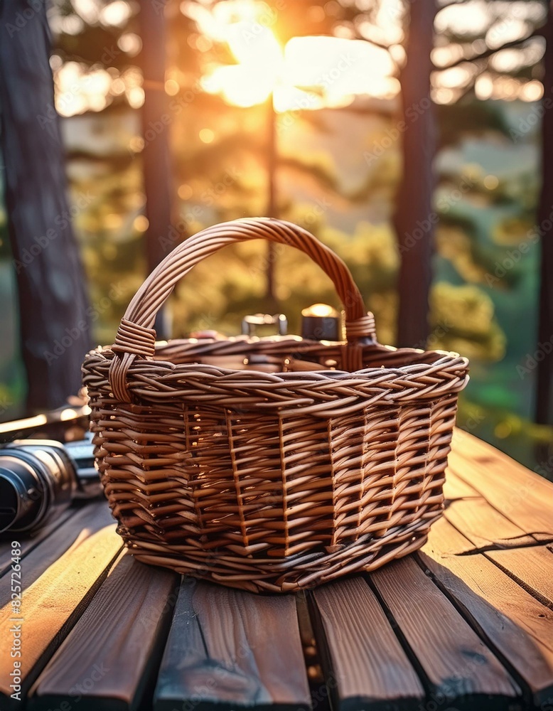 light of a sunny holiday.picnic basket in the park Rustic wicker basket on a dark wooden table camping essentials, basking in the golden light of a sunny holiday.picnic basket in the park Rustic wicker basket on a dark wooden table camping essentials, basking in the golden