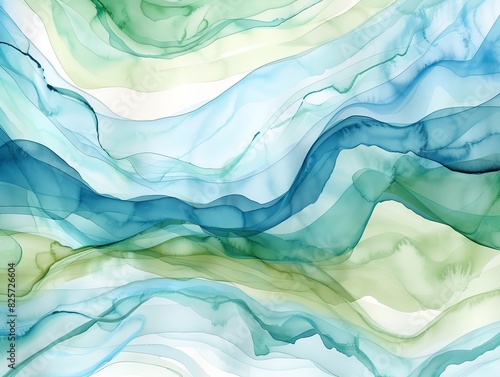 Abstract watercolor waves blending blue and green hues, fluid motion, serene and calming pattern