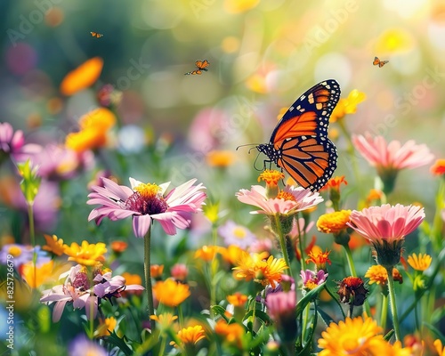 Vibrant orange butterfly resting on a colorful blooming meadow filled with a variety of flowers under a bright and sunny sky.