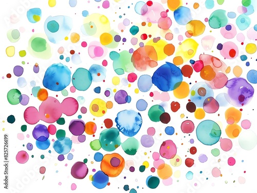 Bright and cheerful watercolor confetti, scattered dots of various colors, festive vibe