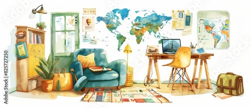 A cute watercolor of booking flights, with a laptop showing flight options, in a cozy study, with travel posters and a world map on the wall, clipart isolated on white © JK_kyoto