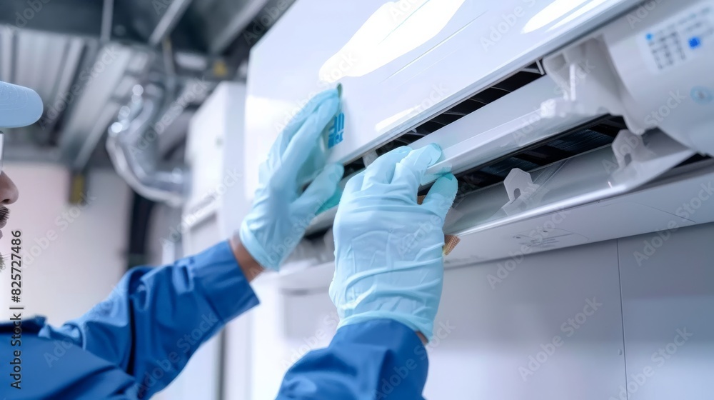 Closeup of a technician repairing or cleaning the indoor unit of an air conditioner, set against a white background. Closeup of a technician repairing or cleaning the indoor unit of an air conditioner, set against a white background.