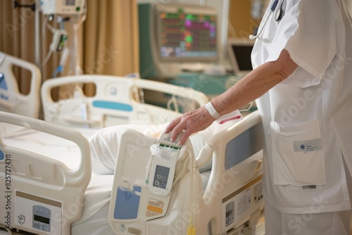A detailed view of a nurse adjusting the settings on a hospital bed, ensuring the patient s comfort and safety