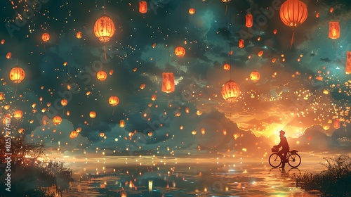 A cyclist rides along a reflective path as numerous glowing lanterns float in the sky, creating a magical sunset scene. photo