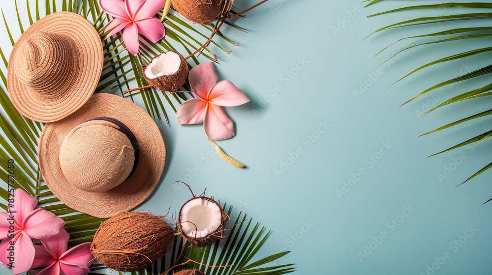 Summer vacation concept with hats, coconuts, and tropical flowers on a blue background. Ideal for travel, holiday, and relaxation themes.