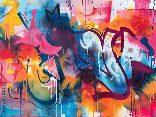 Vibrant watercolor street graffiti with bold tags and colorful murals, urban art