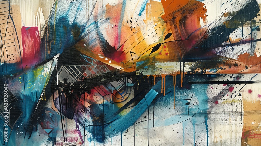 Abstract watercolor graffiti with layered textures and spray paint effects, modern street art