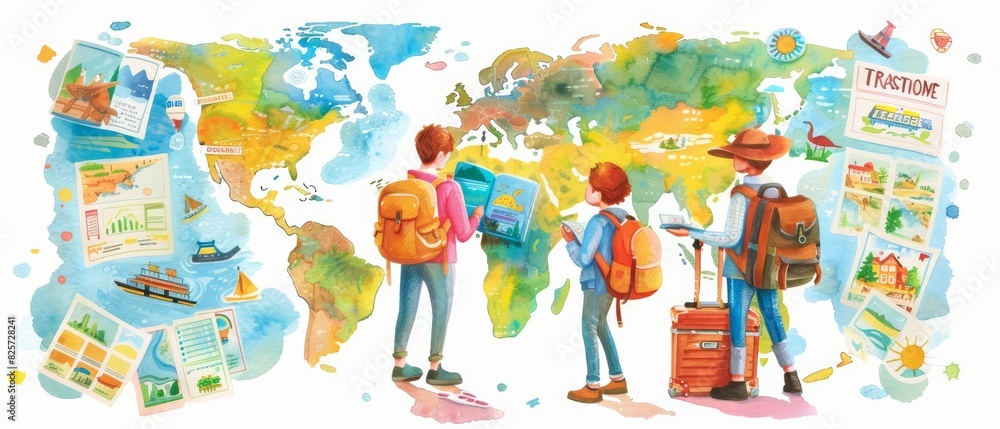 Fototapeta premium A watercolor of booking activities, with a family selecting adventure tours, in a sunny travel agency, filled with brochures and destination images, clipart isolated on white