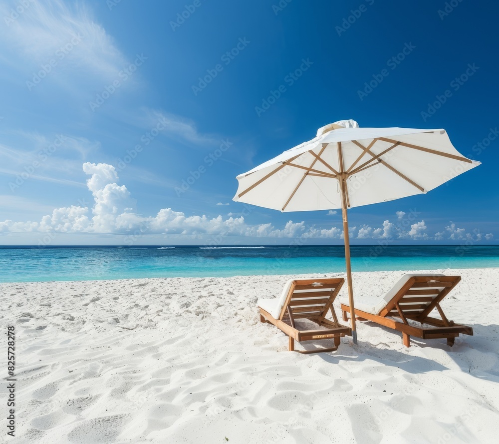 A pair of beach chairs and an umbrella on the white sand, with a clear blue sky in the background. The chairs are located near the ocean.
