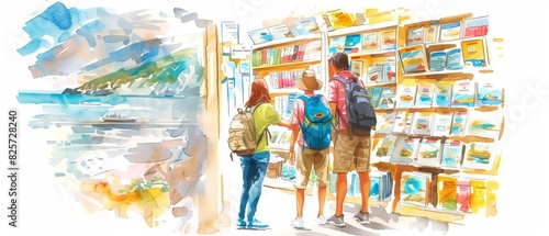 A watercolor of booking activities, with a family selecting adventure tours, in a sunny travel agency, filled with brochures and destination images, clipart isolated on white