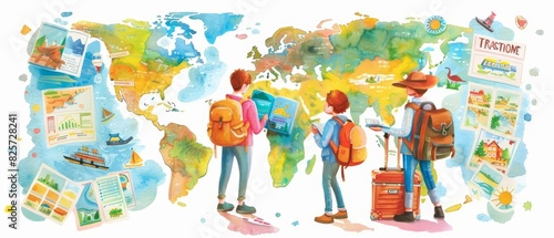 A watercolor of booking activities, with a family selecting adventure tours, in a sunny travel agency, filled with brochures and destination images, clipart isolated on white
